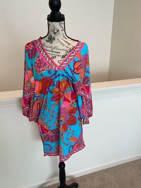 Trina Turk Turquoise Mini Dress with Pink & Orange Floral Print